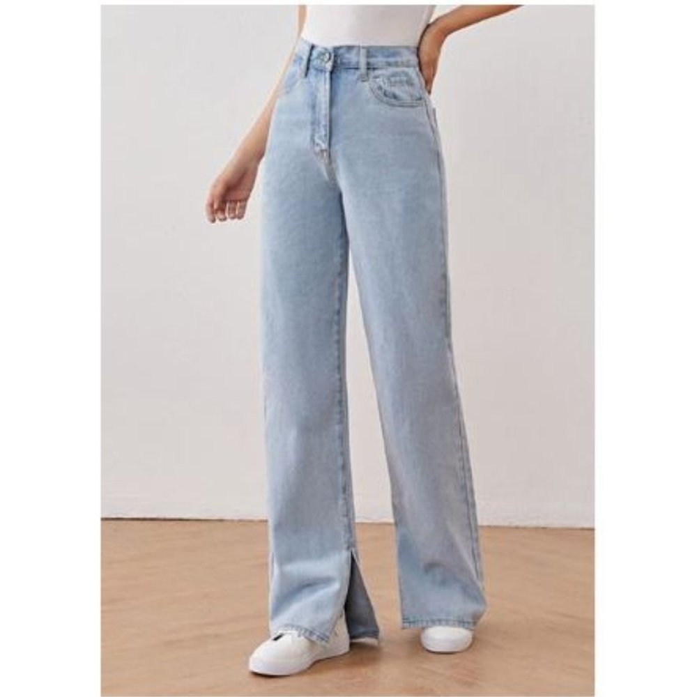 Trendy High Waist Split Side Straight Jeans